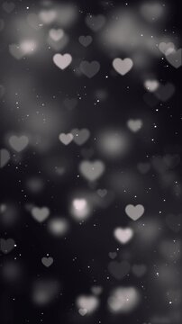 valentines day hearts falling with black and white glitter dust lights animation,valentine celebration romantic love blur heart vertical social media motion background