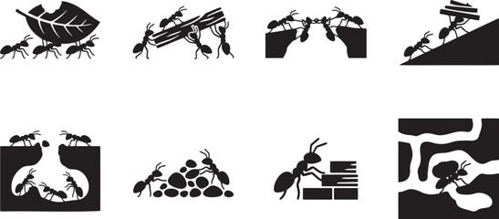 Fototapeta premium Ants building underground anthill tunnels teamwork concepts silhouettes set