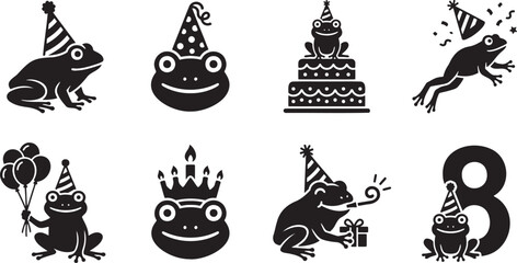 Naklejka premium Cute frogs celebrating birthday party with cake balloon silhouettes