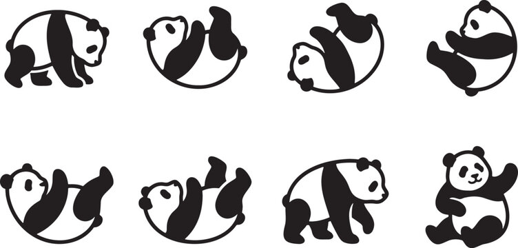 Giant pandas rolling and tumbling playfully cute animal silhouettes