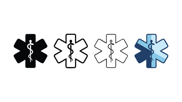 Collection of stylized star of life medical symbols representing emergency medical services and healthcare in various graphic styles