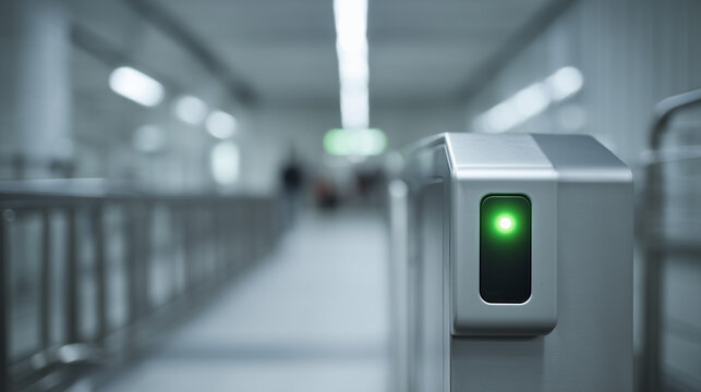 Access control card reader with green light at security turnstile in corridor.