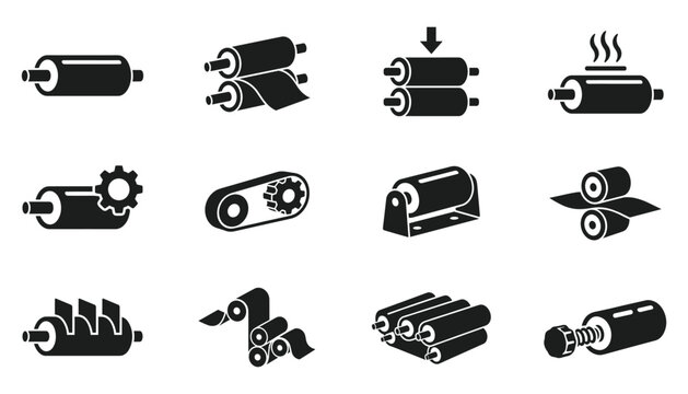 Collection of flat roller machine icons for industrial manufacturing processes vector illustration.
