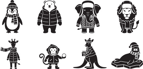 Obraz premium Cute cartoon animals in cozy winter clothing winter silhouettes