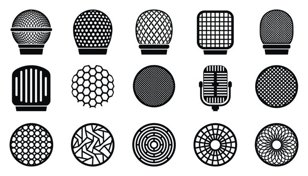 Microphone mesh textures vector illustration featuring various metal grille patterns for audio design.