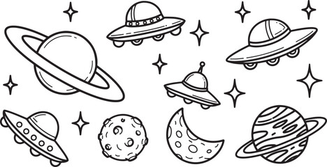 Set of hand drawn space doodles with ufos planets and stars © Mostafizur
