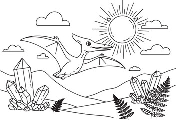 Cute flying pterodactyl dinosaur in a prehistoric landscape with sun crystals and ferns line art © Mostafizur