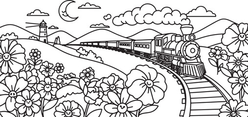 Old steam train traveling through a meadow with flowers at night with moon and lighthouse scenery © Mostafizur