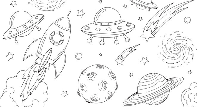 Hand drawn space doodle set with rocket ship planets ufo and stars for kids coloring page