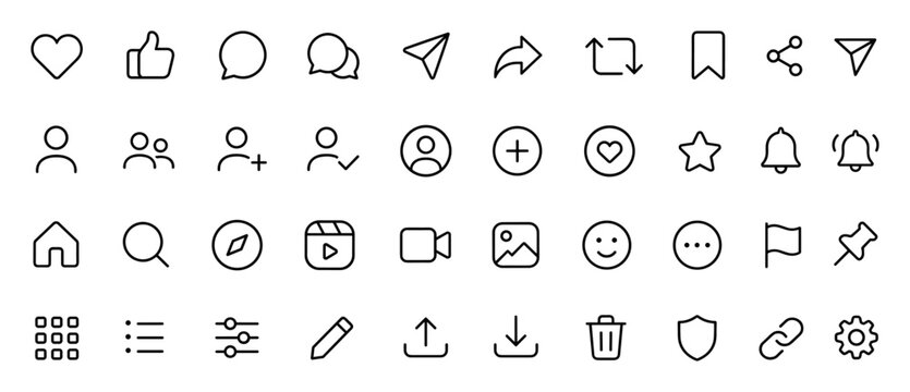 Set of minimalistic line icons representing user interface elements and social media actions on transparent background