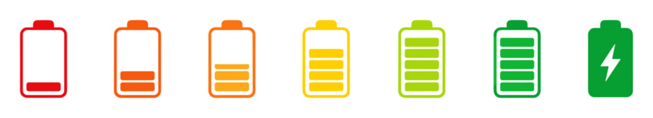 Battery charge level icons from empty to full with energy symbol in green on transparent background © Yurii