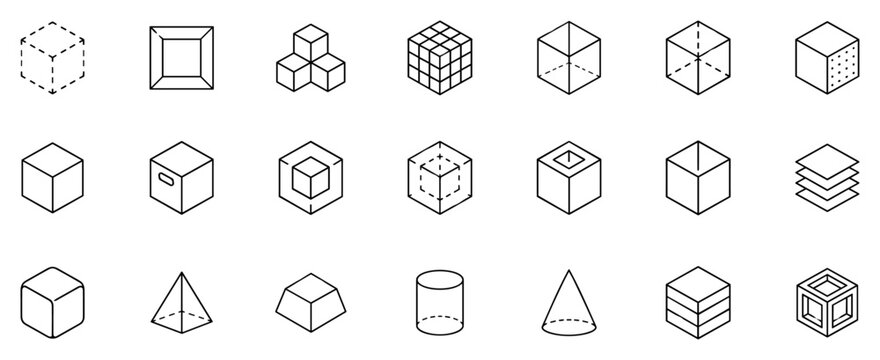 Set of various geometric cube and three-dimensional shape line icons including solid, transparent, layered, and wire frame styles on transparent background