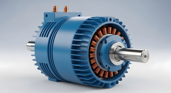 Industrial electric motor with exposed windings and cooling fins.