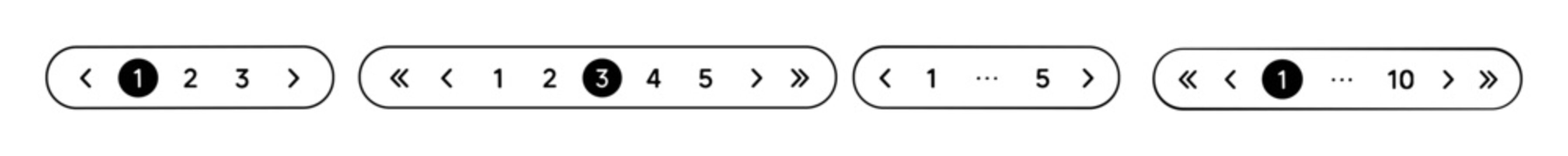 Set of pagination design UI elements with numbered pages and navigation arrows in black and white style on transparent background
