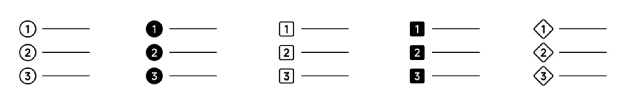 Set of six numbered list icons with different shapes and styles including circles, squares, and diamonds in black and white for presentation or design on transparent background