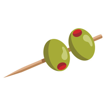 Two stuffed pickled olives on toothpick in vector style. Appetizer food illustration ideal for restaurant menu and snack related graphics.