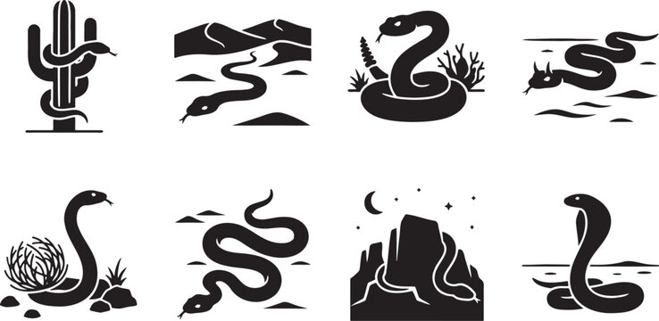 Dangerous desert snakes and cobras slithering landscape silhouettes