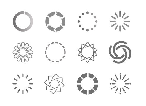 Loading spinner and sunburst icon set with circular preloaders starburst symbols radial patterns vortex shapes and progress indicators