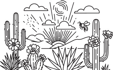 Black and white desert landscape line art with cactuses sun and a bee © Mostafizur