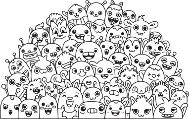 Large group of cute funny doodle monsters and alien characters in black and white line art style © Mostafizur