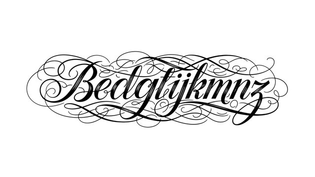 Elegant cursive typography of "Bedglikmnz" with elaborate flourishes, isolated white background.