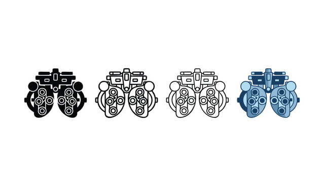 Various stylized representations of a phoropter used for eye examinations displayed together on a white background