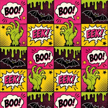 Halloween seamless pattern in comic pop art style with spooky bats, green zombie hands, slime and speech bubbles with boo and eek text