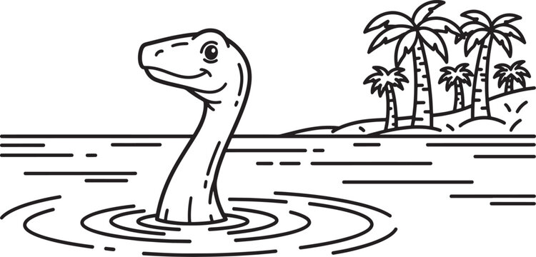 Cute cartoon plesiosaur dinosaur swimming in the ocean with palm trees on the beach
