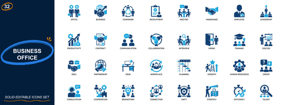 Business office and corporate worker icon set. teamwork, recruitment, meeting, handshake, leadership, productivity, contract, collaboration. Editable icons collection. Vector.