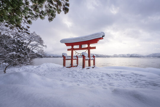 Gozanoishi Shrine in winter, Lake Tazawa, Semboku, Akita Prefecture, Japan