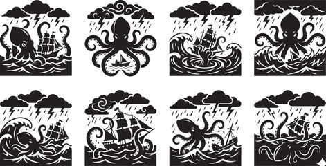 Giant kraken octopus destroying sailing ships stormy ocean silhouettes © HM