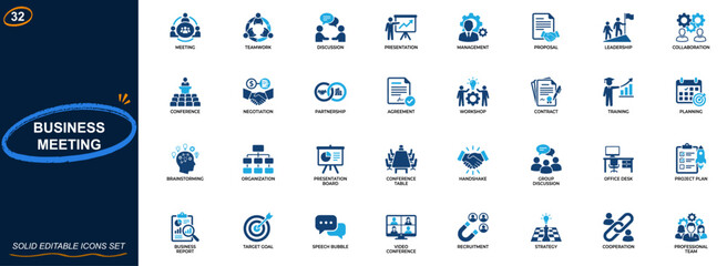Corporate business meeting icon set. Teamwork, client discussion, marketing presentation, employee management, office proposal, leadership, collaboration. Editable icons collection. Vector. © aura studio