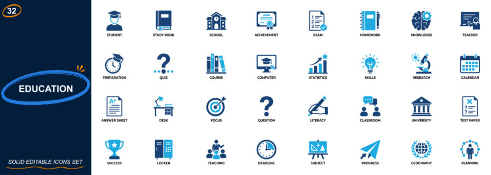 Education exam icon set. School, student, test, study, assessment, classroom, university, learning. Editable icons collection. Vector.