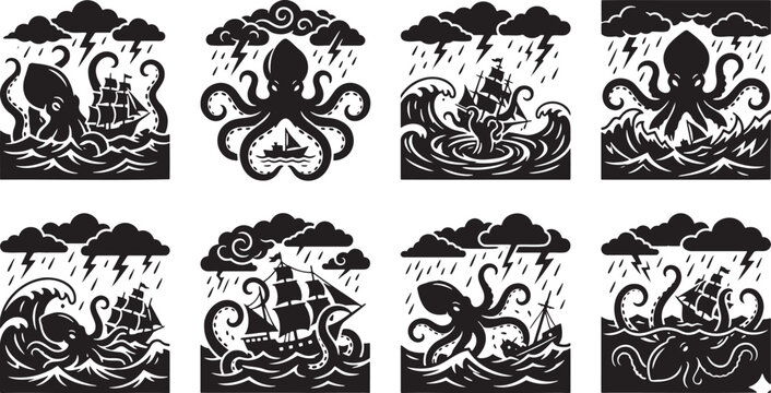 Giant kraken octopus destroying sailing ships stormy ocean silhouettes