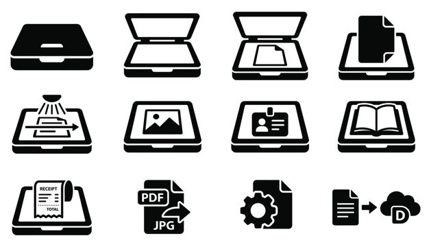 Document flatbed scanner devices vector illustration set with various digital file formats process.