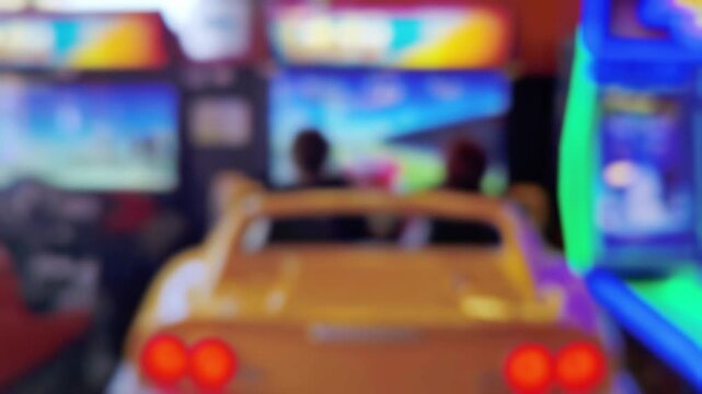 Close-up bokeh view of yellow racing arcade cabinet with red taillights and neon displays. Soft focus creates atmospheric gaming environment with colorful lights. For entertainment concepts.
