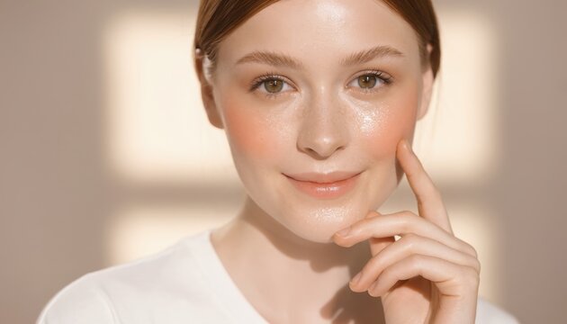 Close-up of a young woman with clear skin and natural makeup in bright indoor setting