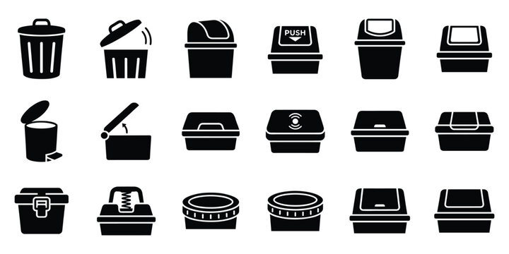 Trash bin icon set for waste management silhouette vector illustration of garbage disposal systems.