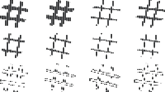 Halftone hashtag icons set featuring various dot patterns and gradient styles for social media digital communication design.