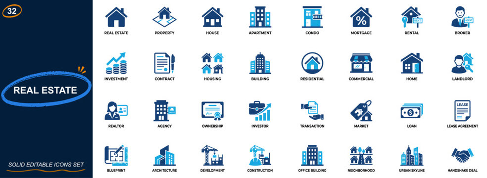 Real estate and property icon set for residential and commercial housing. House, apartment, condo, mortgage, rental, broker, investment, contract. Editable icons collection. Vector.