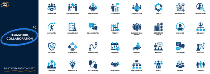 Obraz premium Teamwork and collaboration icon set for corporate business leadership and partnership. Cooperation, communication, unity, networking, management, project, motivation. Editable icons collection. Vector