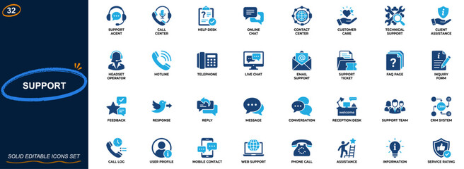 Obraz premium Customer support and service center icon set. Call center, help desk, online chat, client assistance, contact center, customer care, technical support. Editable icons collection. Vector.