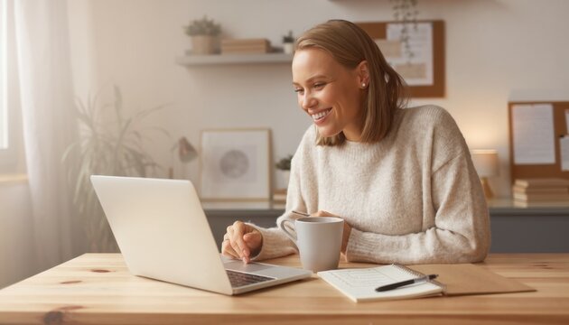 Happy young woman working on laptop at home with coffee and notebook in cozy office