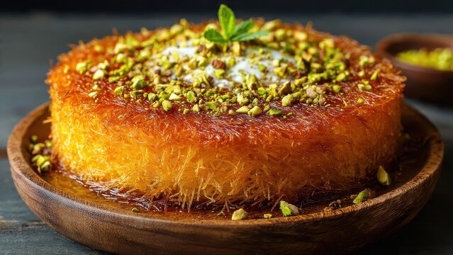 Authentic Middle Eastern Kunafa Dessert with Melted Cheese and Shredded Kadaifi Topped with Pistachios and Mint, Traditional Arabic Sweet Pastry served on Rustic Wooden Plate.