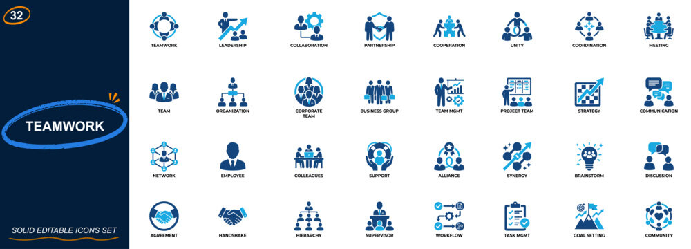 Teamwork and leadership business icon set for corporate organization and team management. Collaboration, partnership, communication, unity, coordination, meeting. Editable icons collection. Vector.