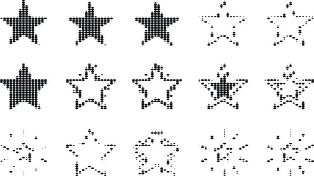 Halftone star shapes for award rating and web interface design elements isolated on simple grey checkered pattern backdrop.
