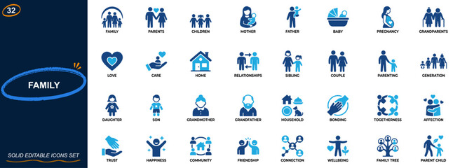 Fototapeta na wymiar Family icon set. Parents, children, mother, father, baby, pregnancy, grandparents, love, care, home, relationships, unity, generations. Editable icons collection. Vector.