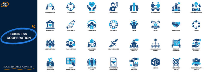 Obraz premium Business cooperation and teamwork icon set. Charity support, volunteer management, partnership meeting, leadership organization, collaboration network. Editable icons collection. Vector.