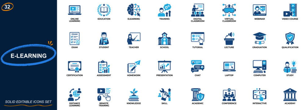 E learning and online education icon set. Online learning, digital classroom, remote training, virtual school, webinar, video course, exam preparation. Editable icons collection. Vector.