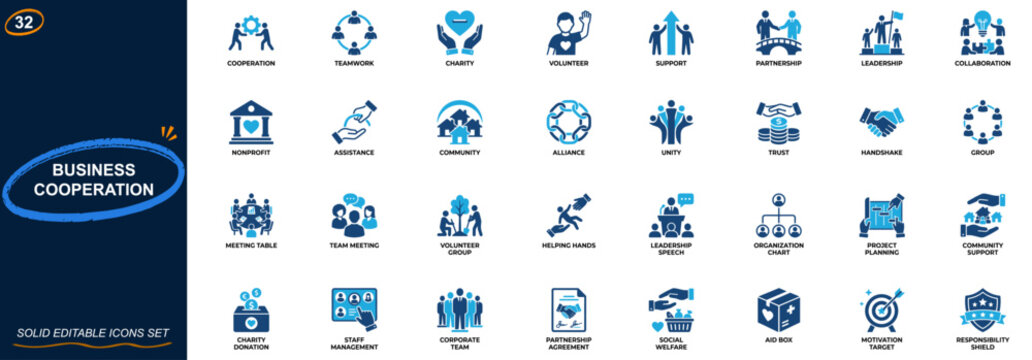 Business cooperation and teamwork icon set. Charity support, volunteer management, partnership meeting, leadership organization, collaboration network. Editable icons collection. Vector.